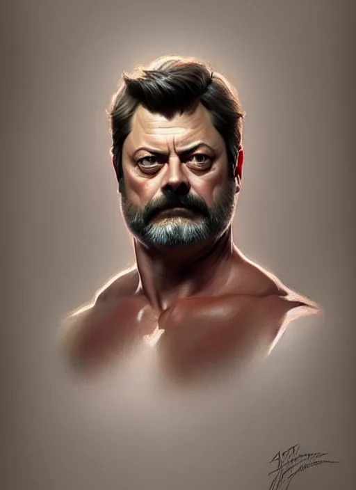 Image similar to portrait of nick offerman, intricate, elegant, muscular! highly detailed, digital painting, artstation, concept art, smooth, sharp focus, illustration, art by artgerm and greg rutkowski and alphonse mucha