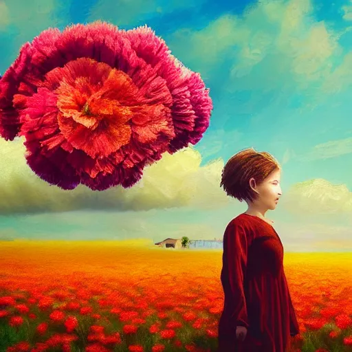 Image similar to head made of carnations, girl standing in a vast flower field, holding flowers, surreal photography, sunrise dramatic light, impressionist painting, colorful clouds, large sky, digital painting, artstation, simon stalenhag, flower face