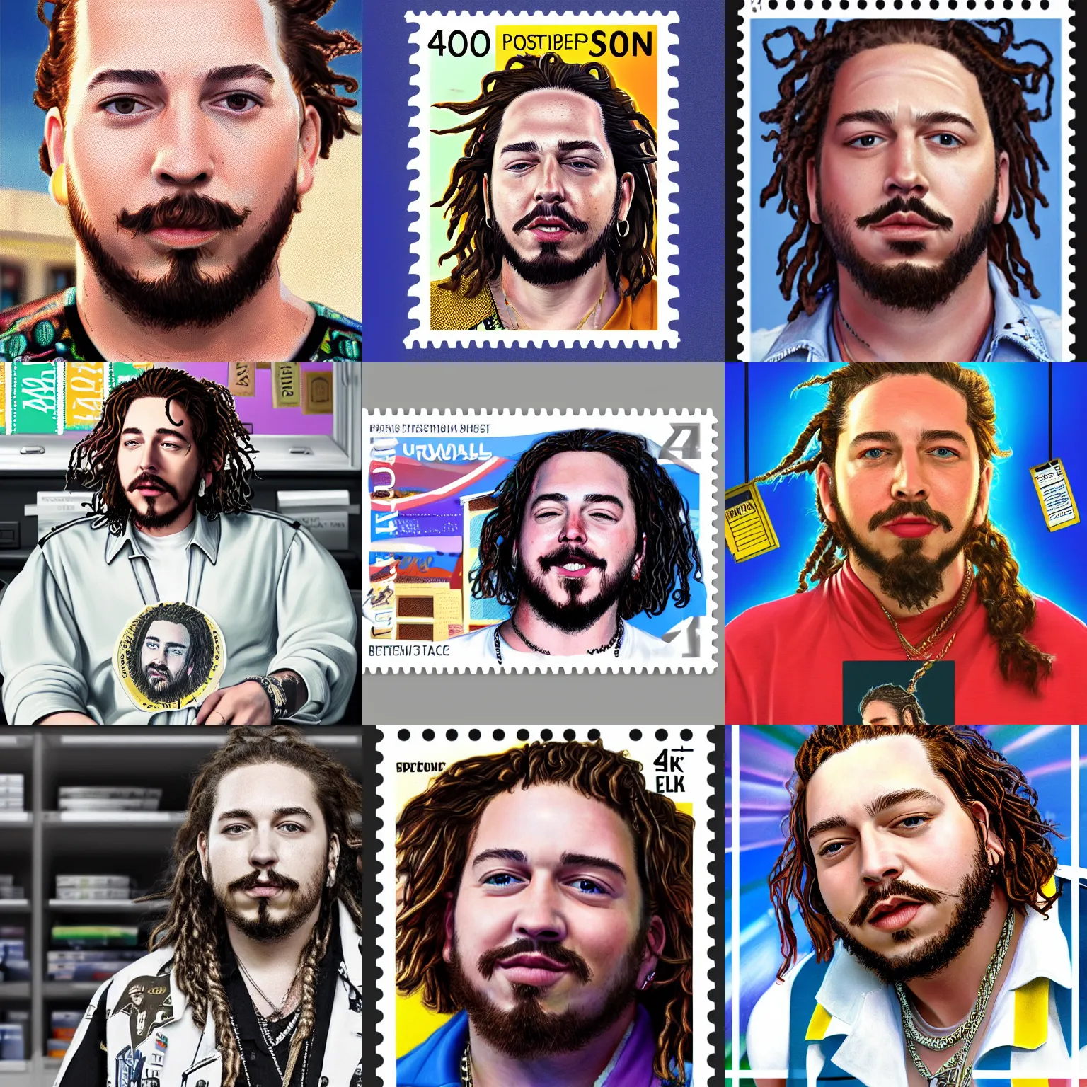 Prompt: a closeup photorealistic illustration of post malone dressed for work at the post office counter selling postage stamps. bright scene. fine detail. this 4 k hd image is trending on artstation, featured on behance, well - rendered, extra crisp, features intricate detail, epic composition and the style of unreal engine.