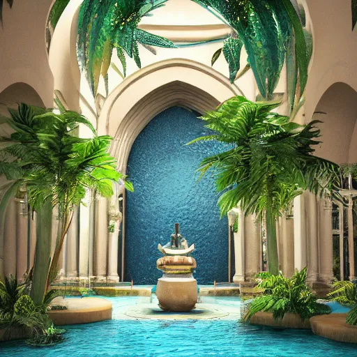 Image similar to cathedral interior with koi pond in the middle surrounded by palm trees, flowers, roses, tropical plants, and archways. photorealistic lighting rendered in octane