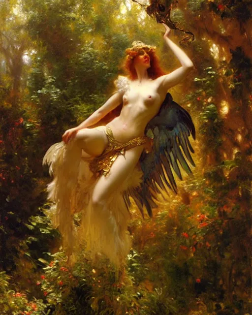 Prompt: griffon emerges from the enchanted forest, painting by gaston bussiere, craig mullins, j. c. leyendecker