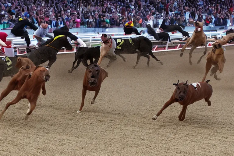 Prompt: an award winning shot of a horse track with racing pit bulls that are winning the race at the finish line