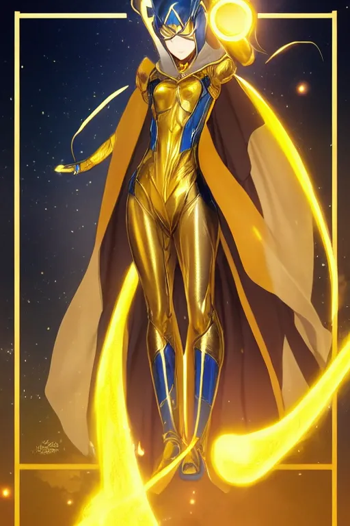 Image similar to anime key visual of a beautiful young female doctor fate!! intricate, gold and blue suit, cape, glowing, powers, dc comics, cinematic, stunning, highly detailed, digital painting, artstation, smooth, hard focus, illustration, art by artgerm and greg rutkowski and alphonse mucha