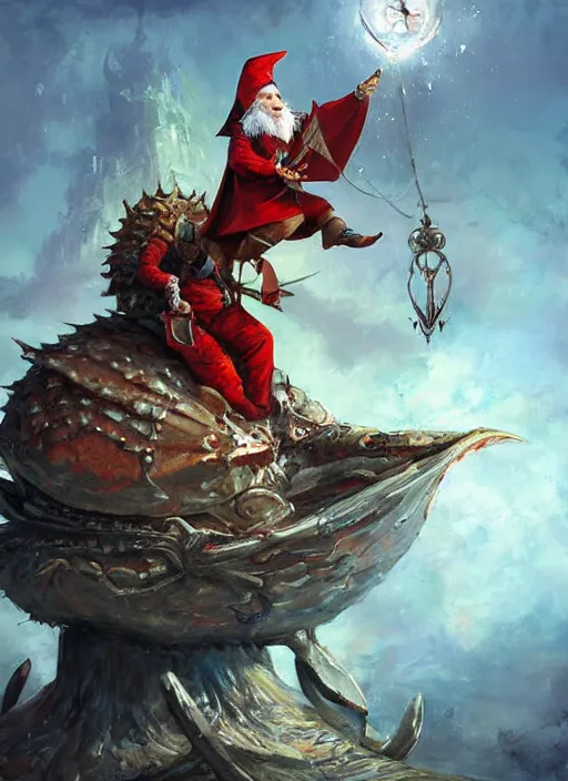 Image similar to a d & d gnome wizard sitting atop a giant crab painted by raymond swanland