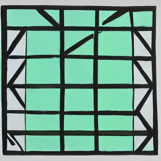 Image similar to painting, four rectangle and one triangle shapes ( colors : blue, yellow, green ), divided by black lines