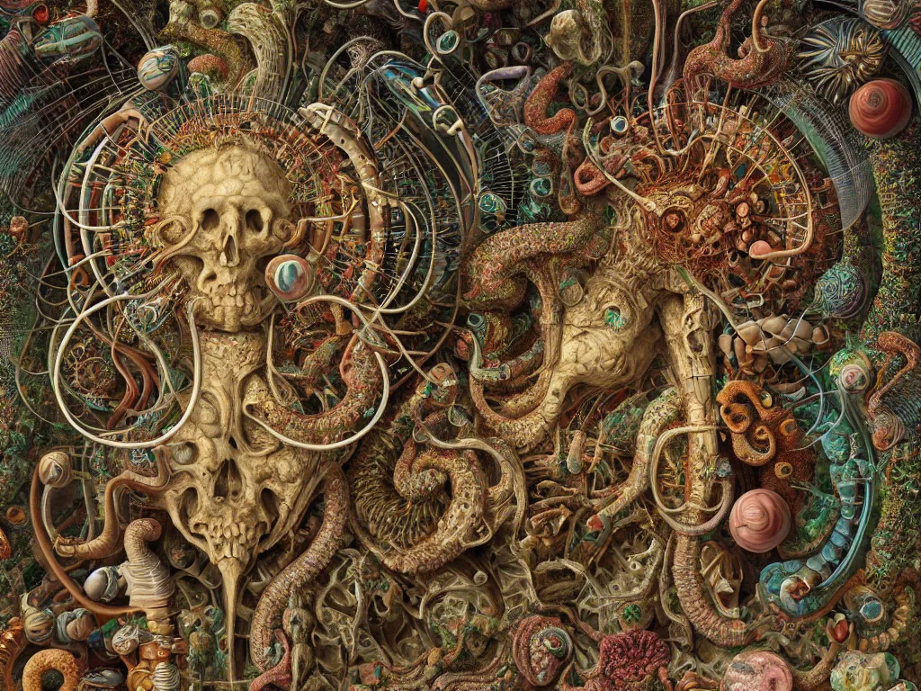 Image similar to humans eating youself in ancient city art by ernst haeckel, fractal, hypermaximalism unreal render engine 8 k