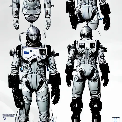 Image similar to character sheet of Astronaut from Kojima Productions by Yoji Shinkawa with Artgem and Glenn Fabry, trending on Artstation concept arts