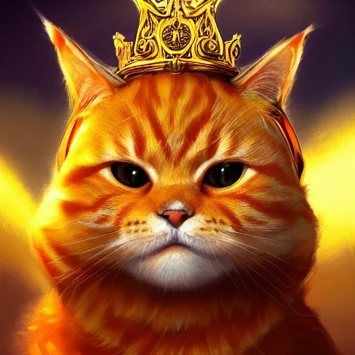 Prompt: colossal fluffy orange royal king tabby cat wearing a golden crown, golden hour, fantasy, vivid colors, sharp focus, digital art, hyper - realistic, 4 k, unreal engine, highly detailed, hd, dramatic lighting by brom, trending on artstation