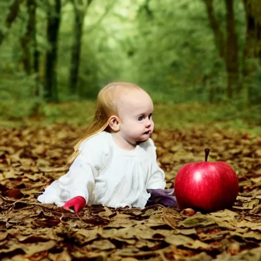 Prompt: apple sitting on the ground in a haunted forest
