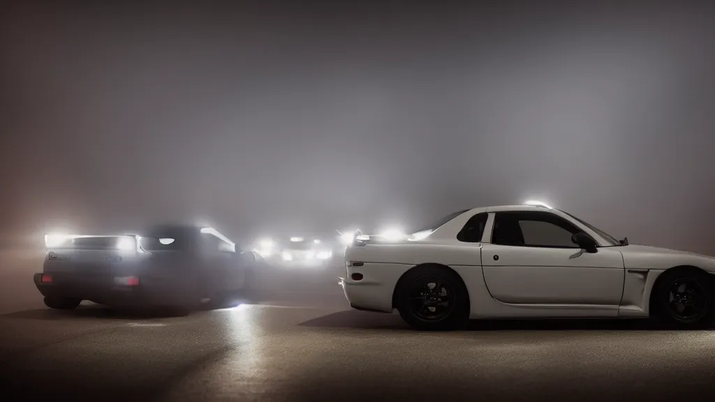 Image similar to a jdm mazda rx - 7, cinematic, long exposure, white balance, 8 k, led, lumen global illumination, fog, ray tracing reflections