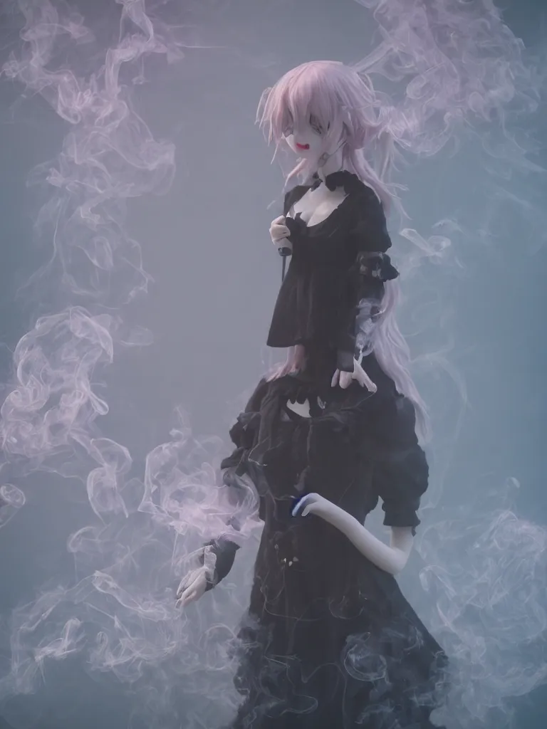 Prompt: cute fumo plush of a gothic maiden girl who is sullen and smoking a cigarette, rich dew rosegarden at dawn, swirling vortices of emissive smoke and volumetric fog, vignette, vray