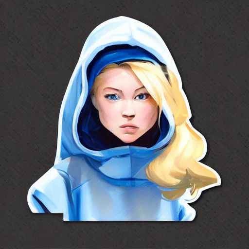 Image similar to greg manchess portrait sticker of a beautiful teen girl with blonde hair, wearing a blue hoodie, as an overwatch character, medium shot, asymmetrical, swedish, sticker, profile picture, organic painting, matte painting, bold shapes, hard edges, street art, trending on artstation, by huang guangjian and gil elvgren and sachin teng