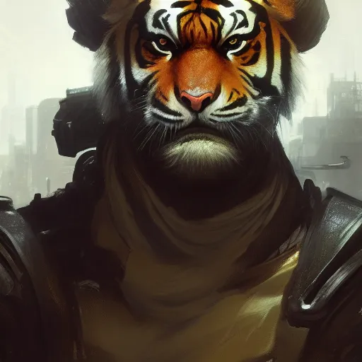 Image similar to portrait male anthro tiger dressed in military clothes character full body precis no blur, concept art, character sheet, nier automata, gaston bussiere, greg rutkowski, tsutomu nihei, cyberpunk, trending on artstation, featured on pixiv, hyper detail, cinematic composition, 8 k, detaiped face