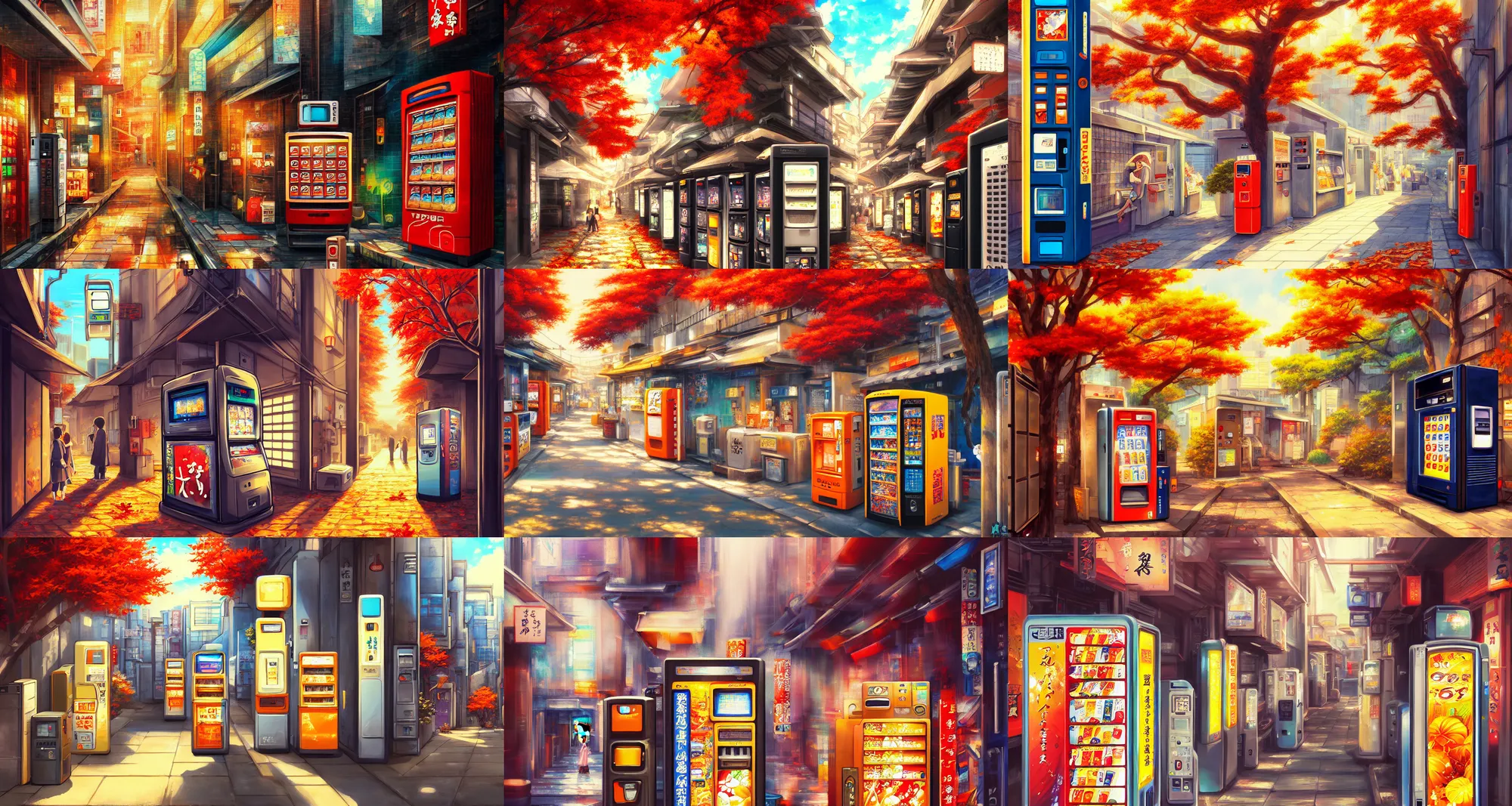 Prompt: beautiful anime painting of tokyo alleyway with vending machine, relaxing autumn day. trending on artstation, 8 k, masterpiece, sharp, fine detail, full of color, visually stunning, peaceful