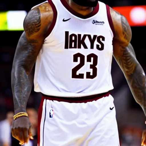 Prompt: professional close up shot photograph of lebron james dancing wildly in an nba game, wearing nba jersey, standing, clear image, as seen on getty images, smooth, uncompressed, low contrast