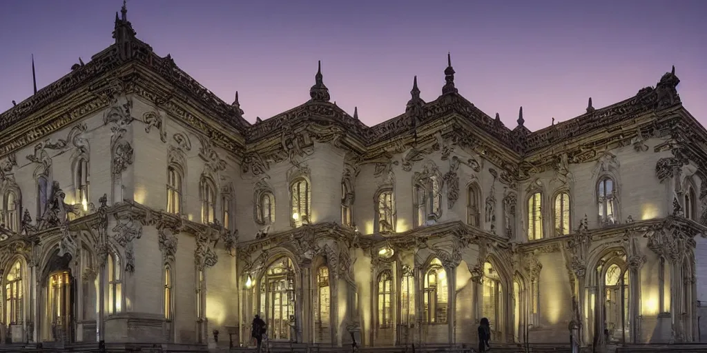 Image similar to extremely detailed ornate stunning sophisticated beautiful elegant victorian museum exterior by Henry Young Darracott Scott and Francis Fowke, stunning volumetric light, stainless steal, concrete, translucent material, beautiful sunset, tail lights