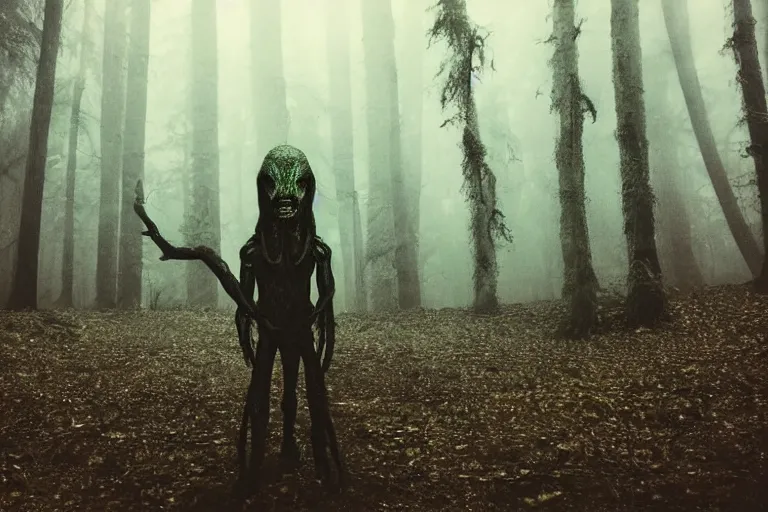 Image similar to a close shot of an ominous alien being standing in a forest, detailed, mythical, mist, depressing, tired, dark, lush, nature, mist, mystery, glows, somber, dismal, fog, heavy fog, dark lighting, rim light, glow, ambient light,