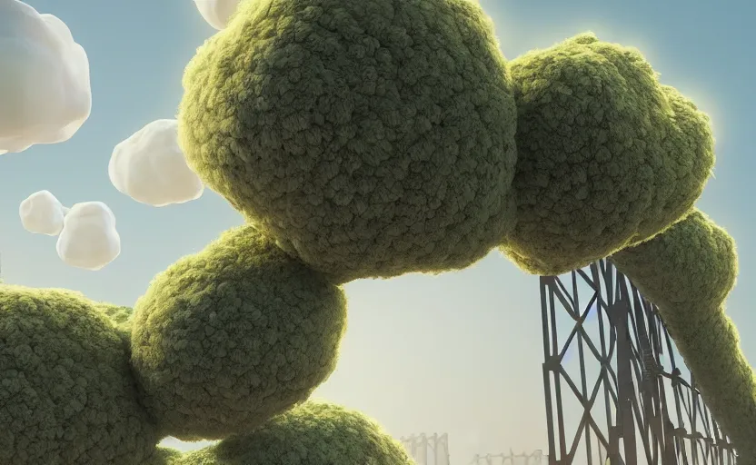 Image similar to explosions in the form of realistic cotton plants on harbour bridge, huge cotton plants everywhere, smooth, sharp focus, highly detailed, 3 d octane render, epic lighting, crazy atmosphere, lots of cotton plants, 8 k, by goro fujita