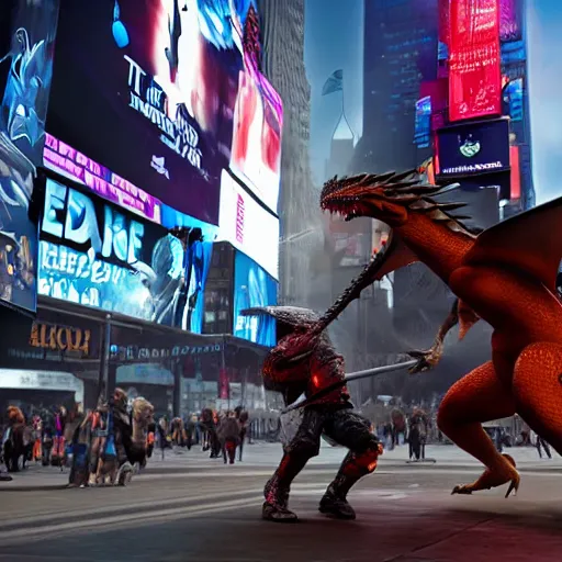 Prompt: a knight fighting a dragon in Times Square, unreal engine, 8k, photo realistic