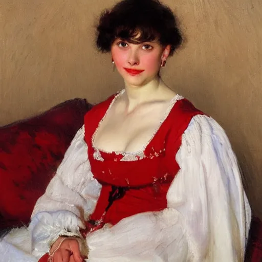 Image similar to portrait of a woman dressed in white and red, by nikolay makovsky.