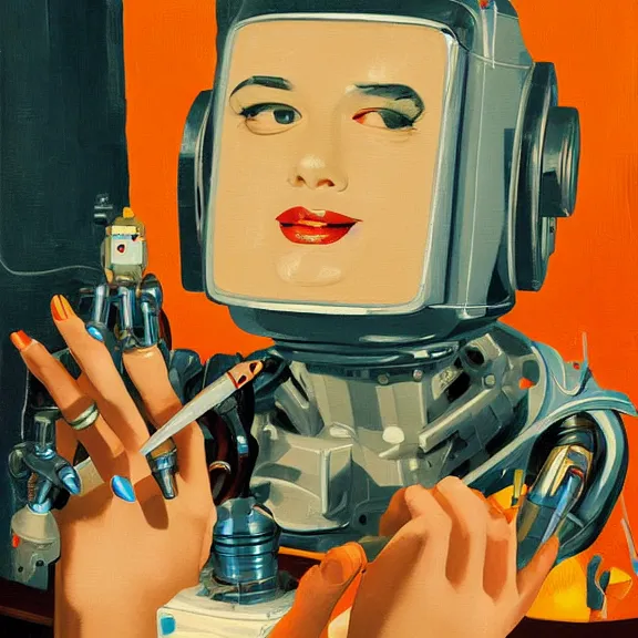 Prompt: robot artist painting a self - portrait on a canvas. intricate, highly detailed, photorealistic, film still, in the style of alexandros pyromallis, and in the style of sachin teng, and in the style of gil elvgren.