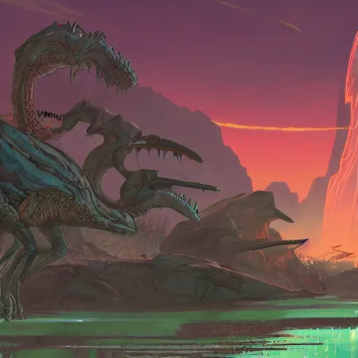 Prompt: concept art painting of an alien world full of alien dinosaurs, detailed, cel shaded, in the style of makoto shinkai and moebius and james gurney