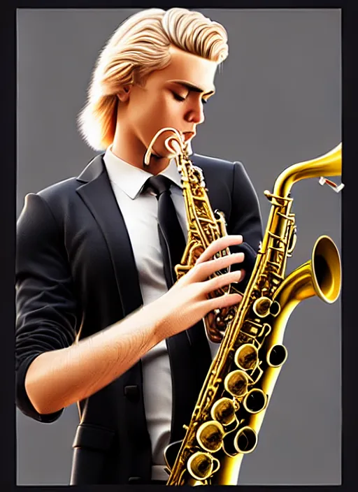 Prompt: photo of a gorgeous young blond man playing sax in the style of stefan kostic, realistic, sharp focus, 8k high definition, insanely detailed, intricate, elegant, art by stanley lau and artgerm