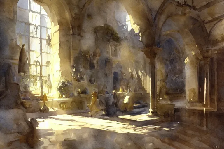 Prompt: abstract watercolor painting of mediterranean lord house interior, in stone, magical and traditional, cinematic light, national romanticism by anders zorn, by greg rutkowski, by greg manchess