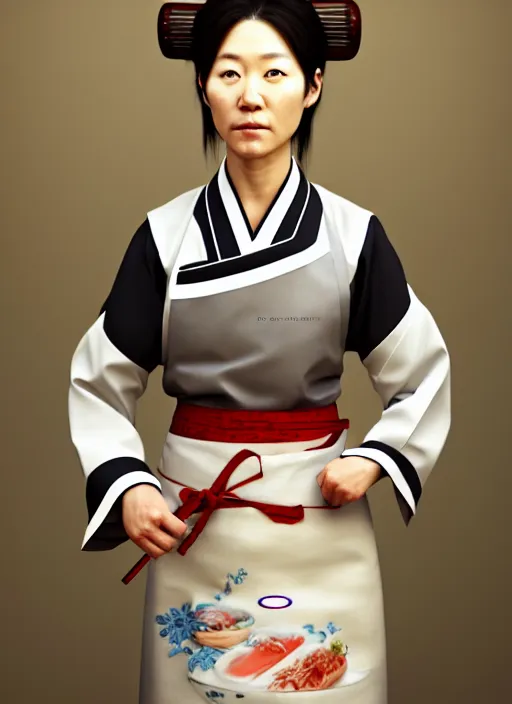 Prompt: character concept of a south korean female chef, wearing a beautiful hanbok inspired apron, holding magical kitchen knives, by kan liu and loish, 4 k render, unreal engine, high resolution, intricate detailed, hyperdetailed, photorealistic, artstation, smooth, sharp focus