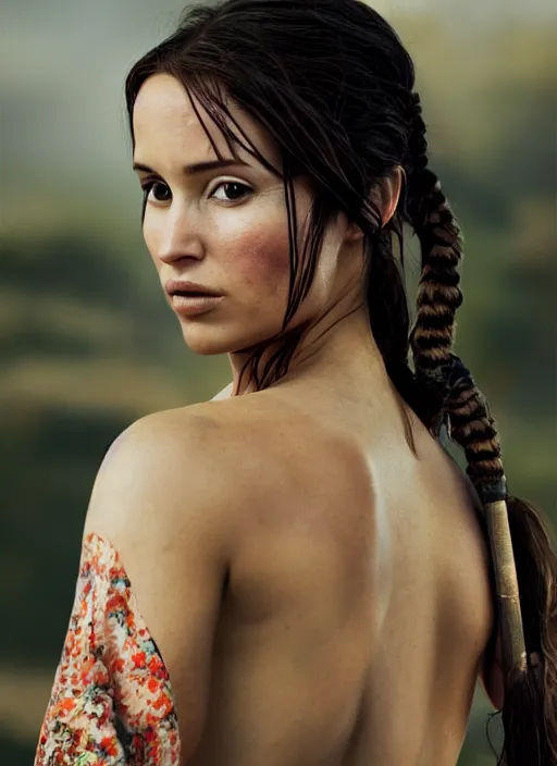 Image similar to portrait of lara croft wearing kimono, by charlotte grimm, natural light, detailed face, beautiful features, symmetrical, canon eos c 3 0 0, ƒ 1. 8, 3 5 mm, 8 k, medium - format print, half body shot