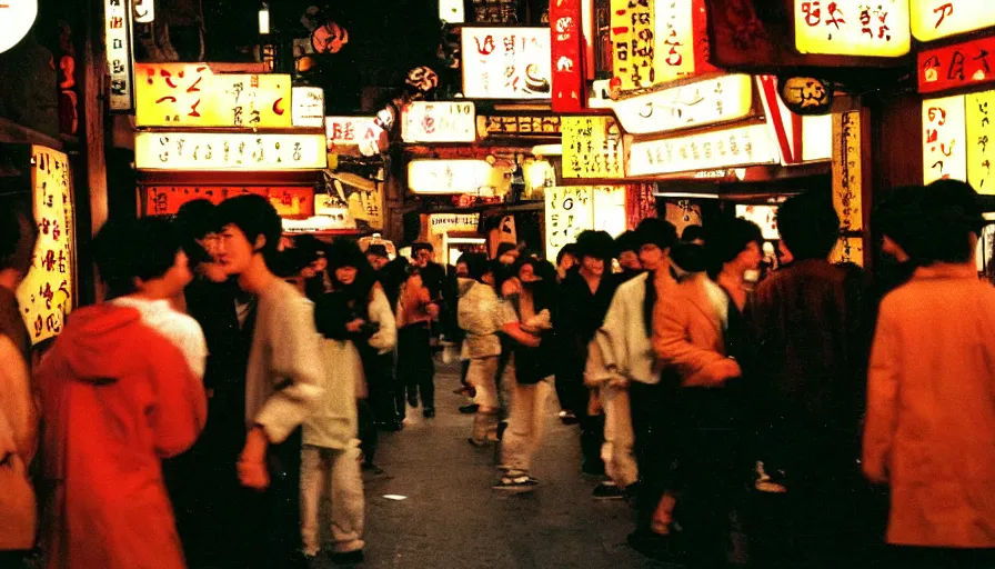 Prompt: masterful photography by haruto hoshi and yang seung woo and saul leiter, young people enjoying night life in kabuki cho japan in the 1 9 9 0 s, film grain, full color, shot on kodak gold with a canon 3 5 mm lens aperture f / 5. 6, hyperrealistic