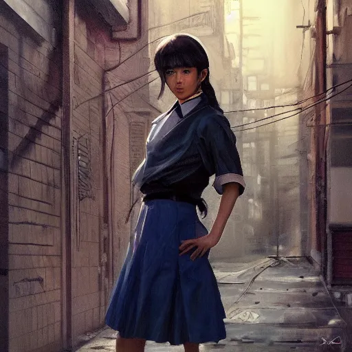 Image similar to a perfect, realistic professional 80s oil painting of a Japanese schoolgirl posing in a dystopian alleyway, style of Marvel, full length, by a professional American senior artist on ArtStation, a high-quality hollywood-style concept