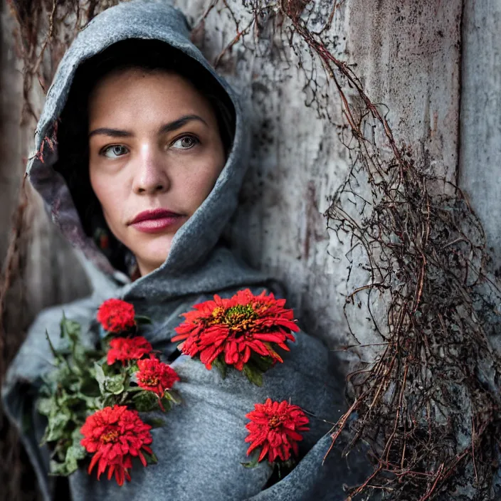 Image similar to a closeup portrait of a woman wearing a hooded cloak made of zinnias and barbed wire, in a derelict house, by Omar Z. Robles, natural light, detailed face, CANON Eos C300, ƒ1.8, 35mm, 8K, medium-format print
