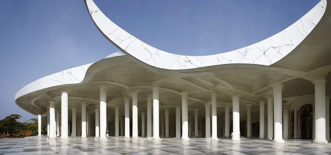 Prompt: curved roof planes lift and descend creating shade and architectural expression, highly detailed, marble, vivid color, high resolution photography, mist, entrance facade