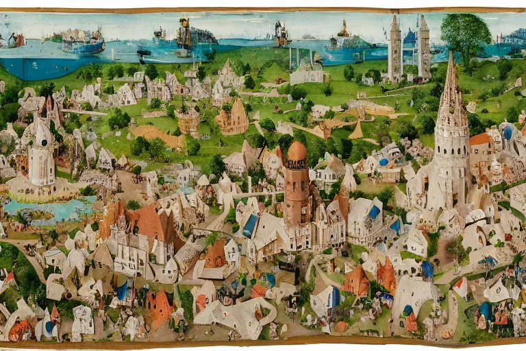 Image similar to an elaborate and dense low angle painting of a peaceful neighborhood, detailed, made of alcohol ink on parchment and penned illustrations, by wes anderson and hieronymus bosch and geoff darrow