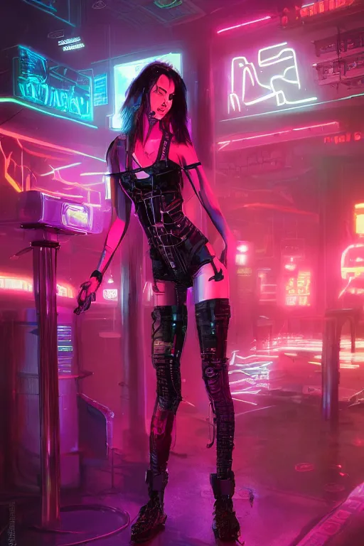 Prompt: Neon cyberpunk underground club girl. Сoncept art, Dan Mumford, Greg Rutkowski, Quixel Megascans, octane render, 16k, 8k, photoillustration, RTX