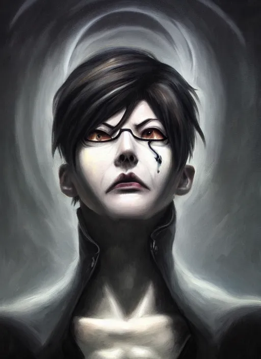 Image similar to dark portrait painting of tracer from overwatch, in style of zdzisław beksinski, scary, horror, feminine facial features, overwatch tracer character, detailed face, dressed in dark garment, black tendrils, tall,