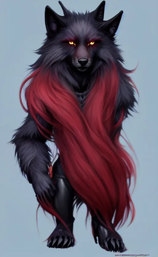 Image similar to character concept art of a black anthropomorphic male furry wolf long red hair | | cute - fine - face, pretty face, key visual, realistic shaded perfect face, fine details by stanley artgerm lau, wlop, rossdraws, james jean, andrei riabovitchev, marc simonetti, and sakimichan, trending on artstation