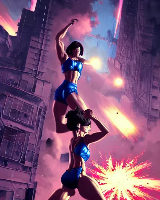 Image similar to gigachad jill valentine bodybuilder jumping in front of a atomic blast fighting wearing a suit in the fight club city, fantasy character portrait, ultra realistic, anime key visual, full body concept art, intricate details, highly detailed by greg rutkowski, ilya kuvshinov, gaston bussiere, craig mullins, simon bisley