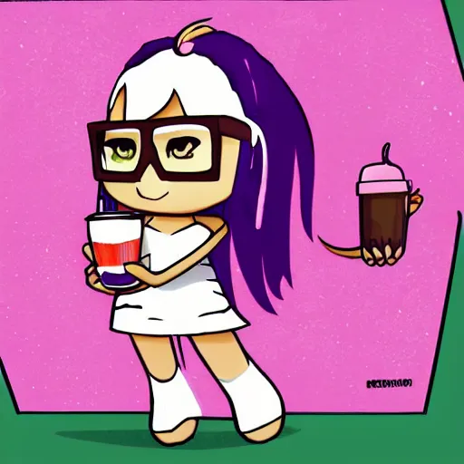 Prompt: Chibi rendition of an Egirl that loves coffee, has a Coffeemonster as an imaginary friend, has purple hair, wears glasses, there is a banner that says 'Zawesomesauce