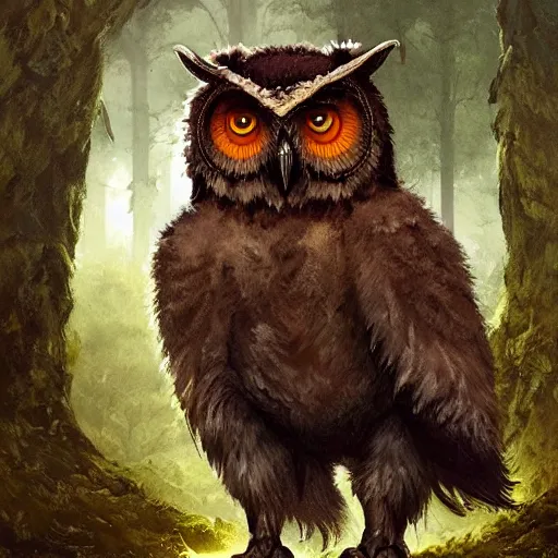 Image similar to three quarter portrait of an owlbear in the forest, d & d, fantasy, greg rutkowski, frank frazetta, alexandre chaudret, boris vallejo, michael whelan, miro petrov, hr giger, magali villeneuve, donato giancola