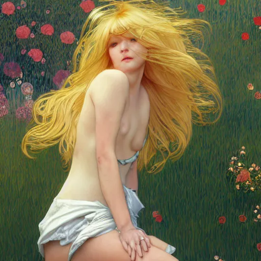 Image similar to A playful young woman with blonde long hair and bangs in shorts and a white blouse drawn by Zeronis and Julie Bell and Robert McGinnis and alphonse mucha, background by James Jean and gustav klimt, 4k, sunny day, volumetric lighting, french nouveau, trending on artstation, octane render, hyperrealistic
