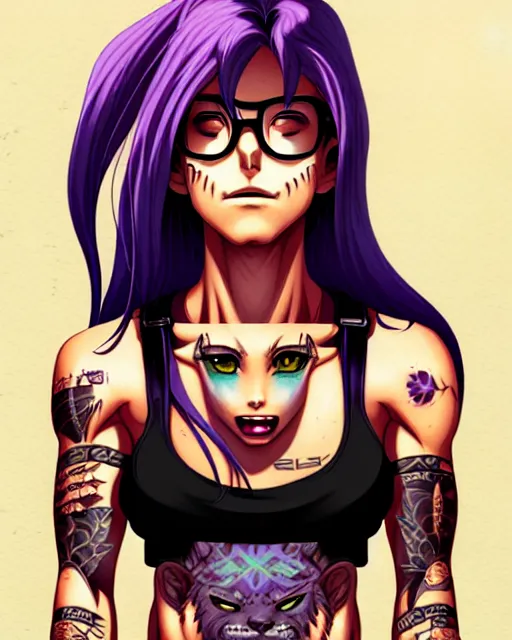 Image similar to a portrait of revy from black lagoon, black tank top, jean shorts, brown eyes, purple hair, tribal tattoos right arm sleeve, symmetrical eyes, symmetrical face, art by lois van baarle and loish and ross tran and rossdraws and sam yang and artgerm