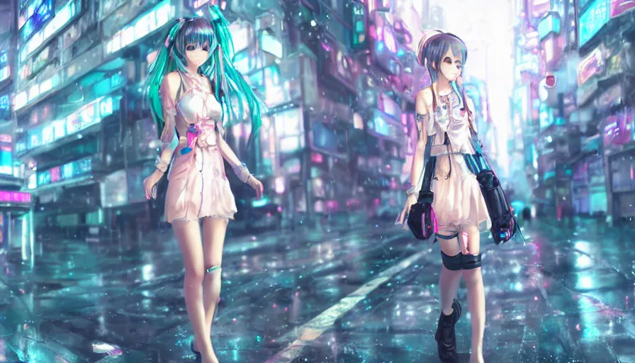 Prompt: cute anime girl in a cyberpunk city by wlop, short minidress, light rain, hyper real, detailed digital art, hatsune miku