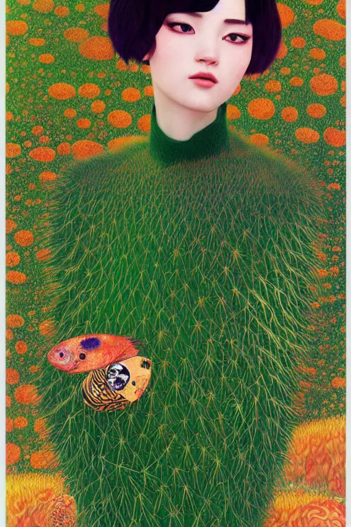 Image similar to creature animal sushi cristal very big eye roots cactus elemental flush of force nature micro world fluo fishscale, illustration, art by ilya kuvshinov and gustav klimt