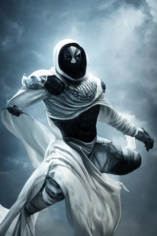 Prompt: hyperrealistic photography of Moon Knight mixed with Ghostrider style of Hossein Diba, full-shot, merged character, 4k, highly detailed, cinematic lighting, photorealistic, 3d render, award winning render, unreal engine, masterpiece, octane render, sharp focus, studio lighting, 8k, hd