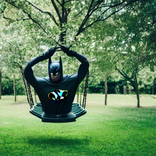 Prompt: batman sits happily on a garden swing, happy face, 8 k photography