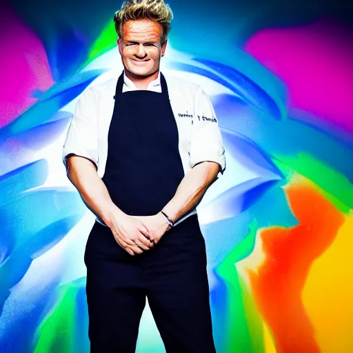 Image similar to symmetrical, full body portrait of Gordon Ramsey, very happy, studio lighting, depth of field, photography, hyper colors, highly detailed