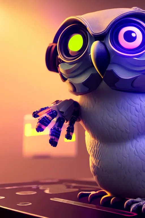 Image similar to high quality 3 d render very cute cyborg owl! with boombox!, cyberpunk highly detailed, unreal engine cinematic smooth, in the style of blade runner & detective pikachu, hannah yata charlie immer, moody light, low angle, uhd 8 k, sharp focus