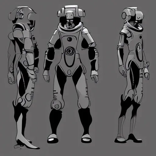 Image similar to character concept art, stylized proportions, human space suit, sci - fi!!!!, in the style of mike mignola, trending on artstation